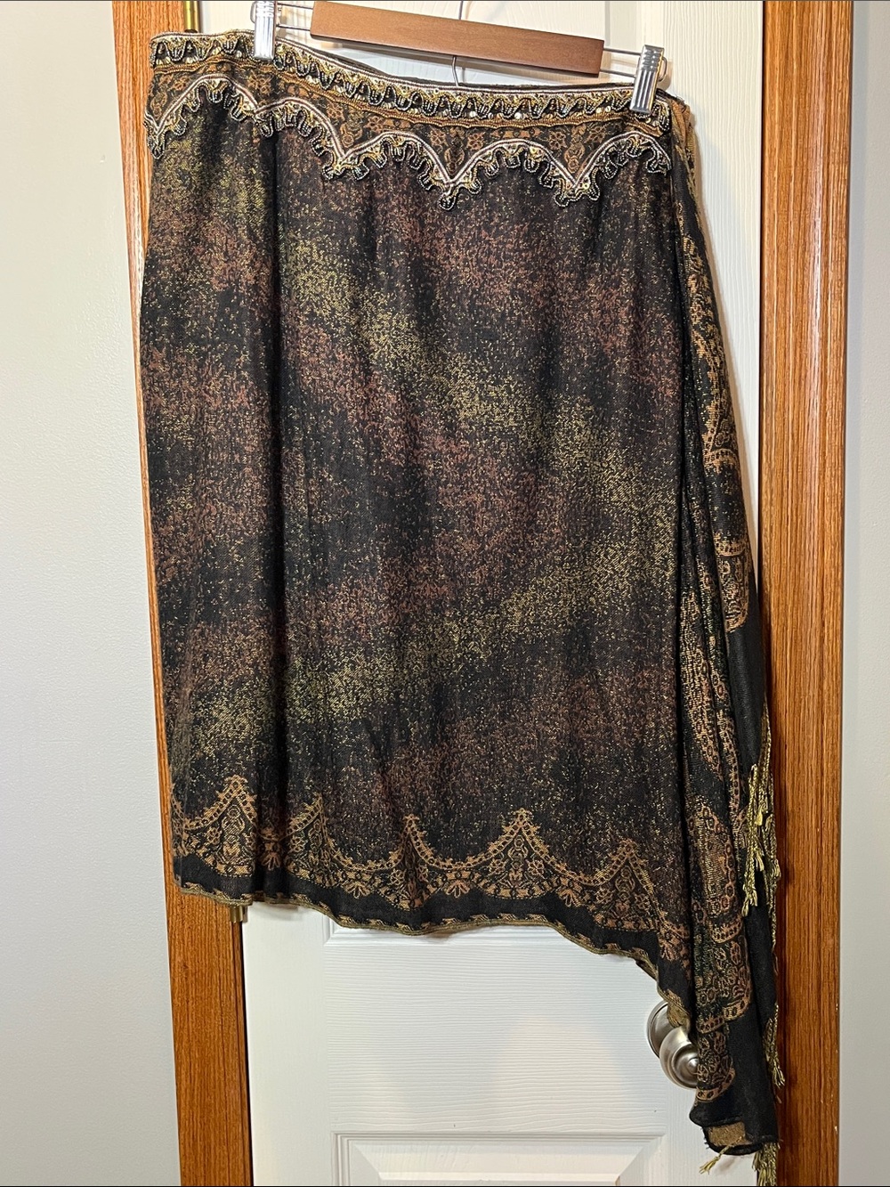 Vintage Alberto Makali Black & Brown Beaded & Fringed Scarf Skirt Women’s 14 - Picture 11 of 12